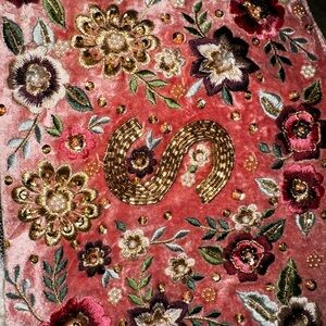 Letter “S” Embroidered Floral Velvet Fabric zipper bag NEW made in India